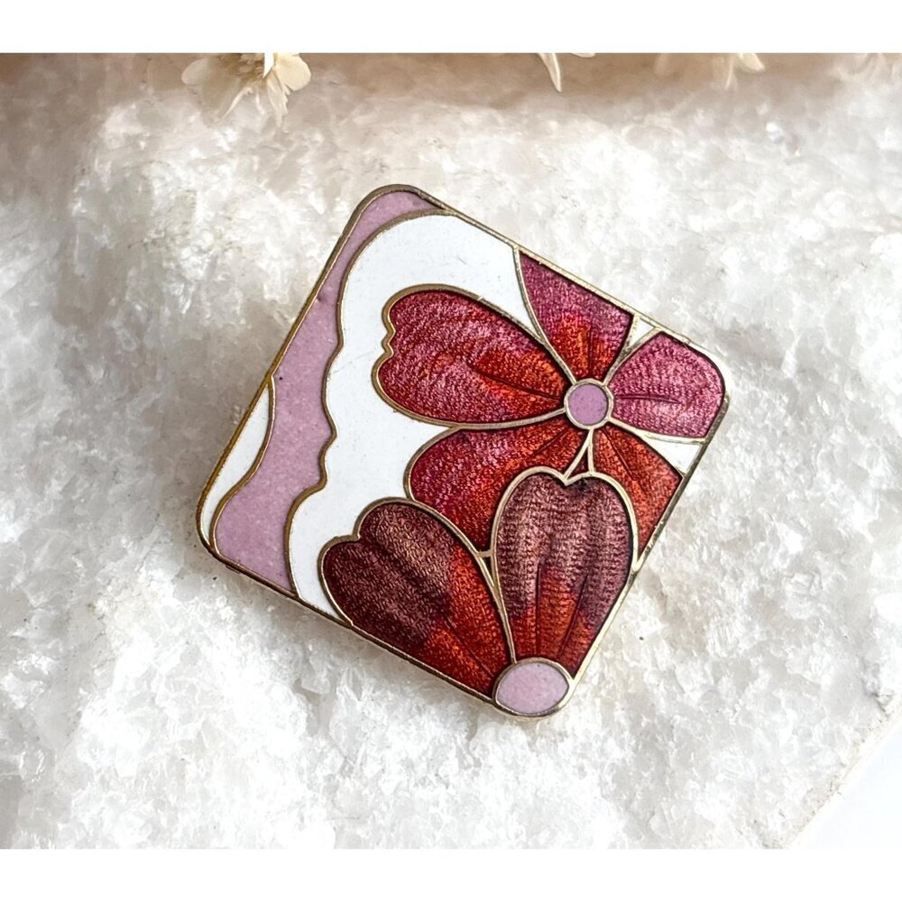 Enameled  Pink & Orange Gold Toned Floral Vintage Costume Jewelry Brooch